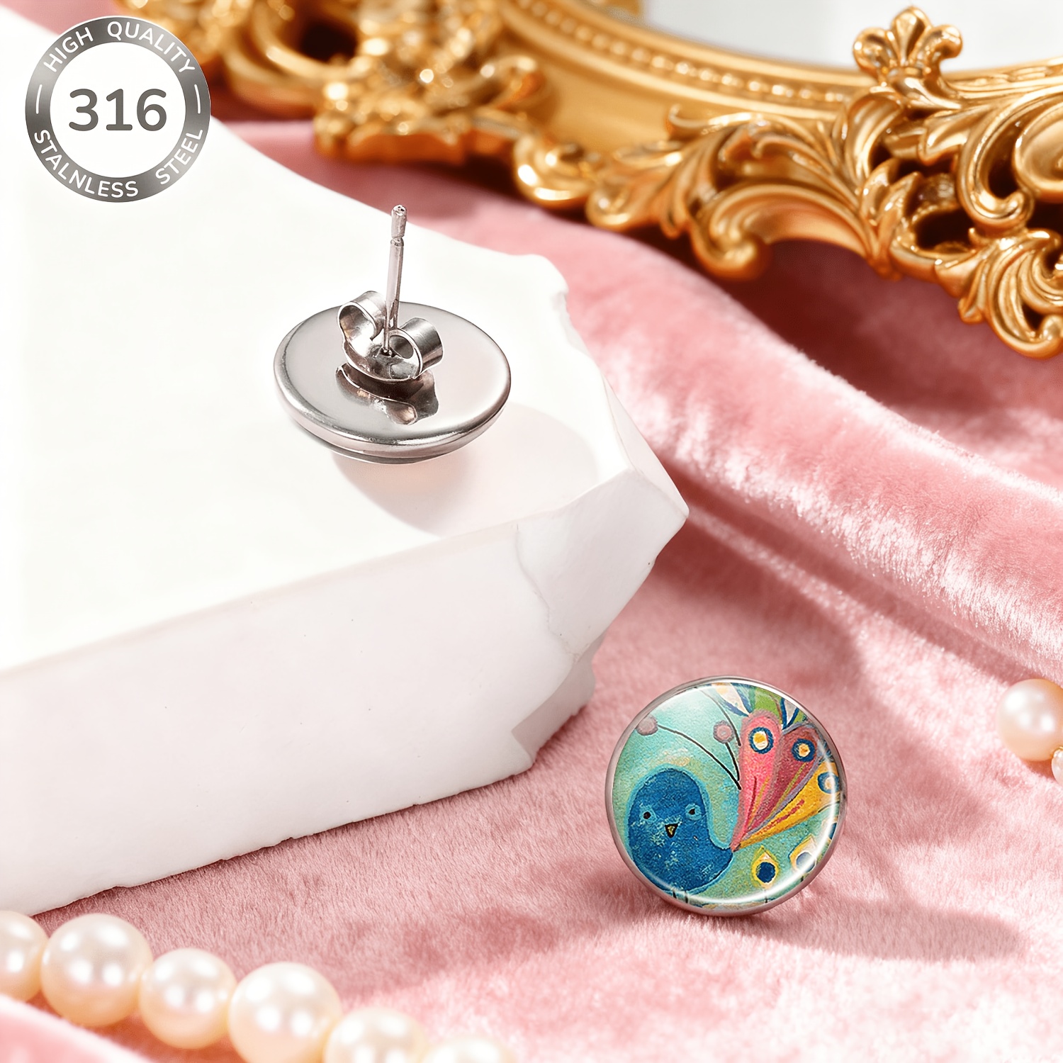 2pcs Set Colorful Blue Bird & Pink Abstract Pattern Earrings